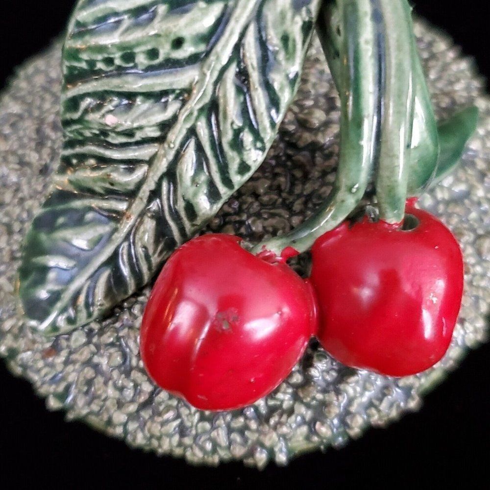 Vintage Majolica Palissy Pottery Covered Dish Jar Applied Cherries Leaf with Lid - Picture 9 of 9